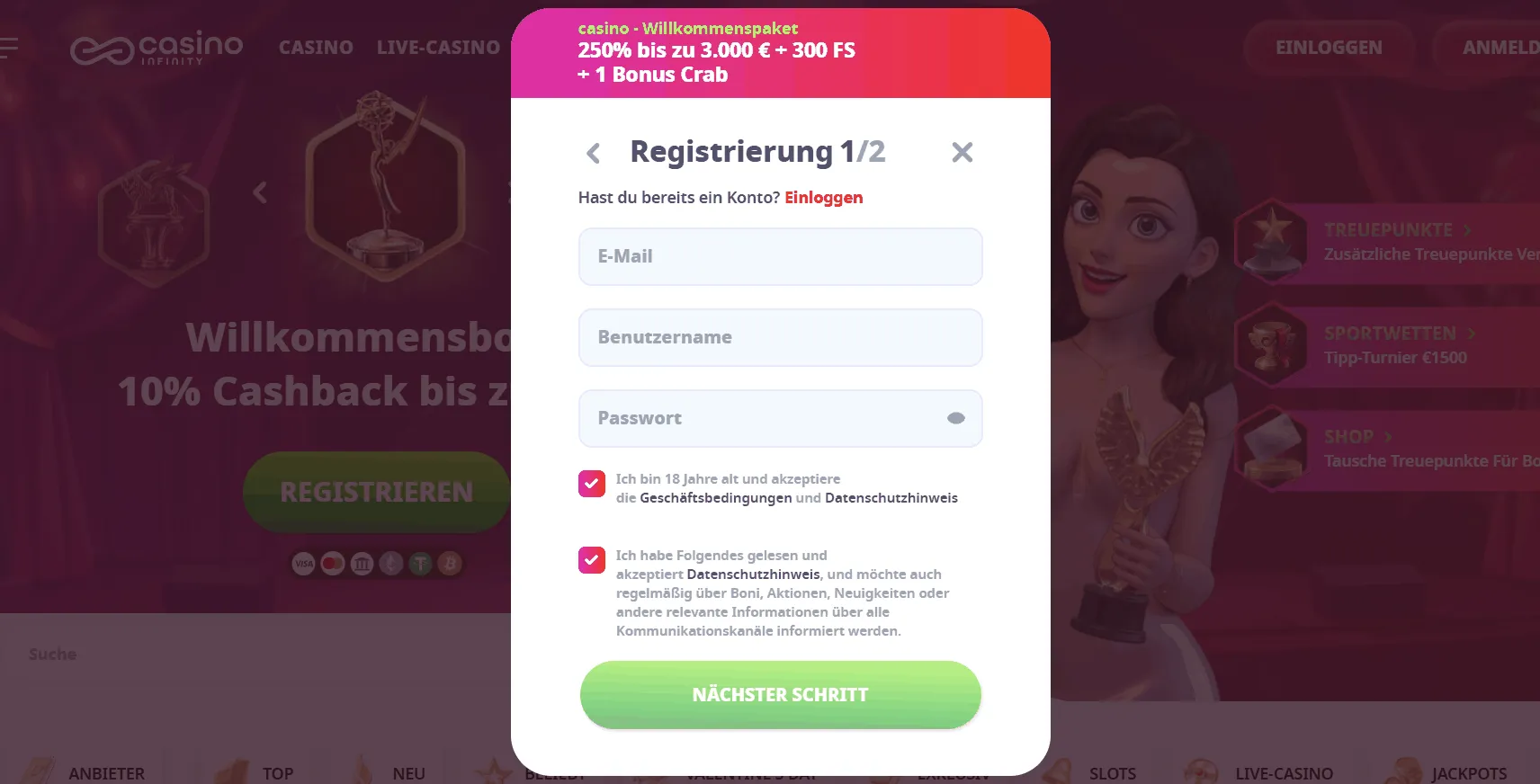 Registrierung bei Casino Infinity