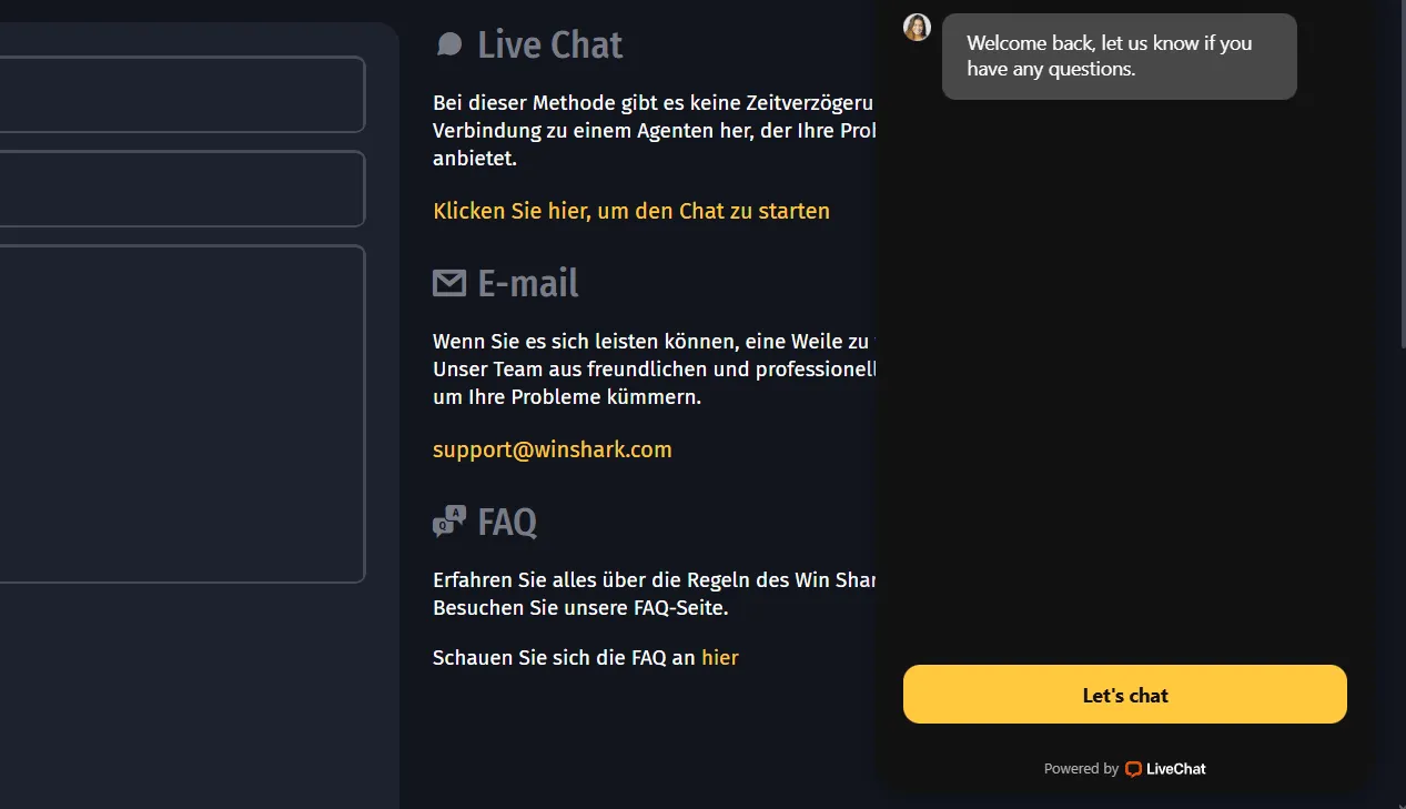 Winshark Casino Live-Chat Support Live-Chat Support bei Winshark Casino