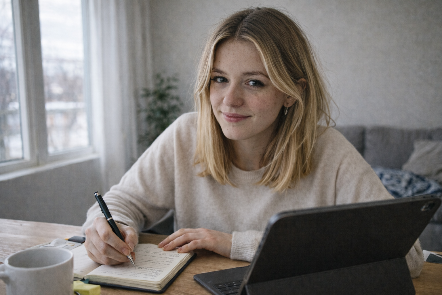 Aino Virtanen käyttää tablettia