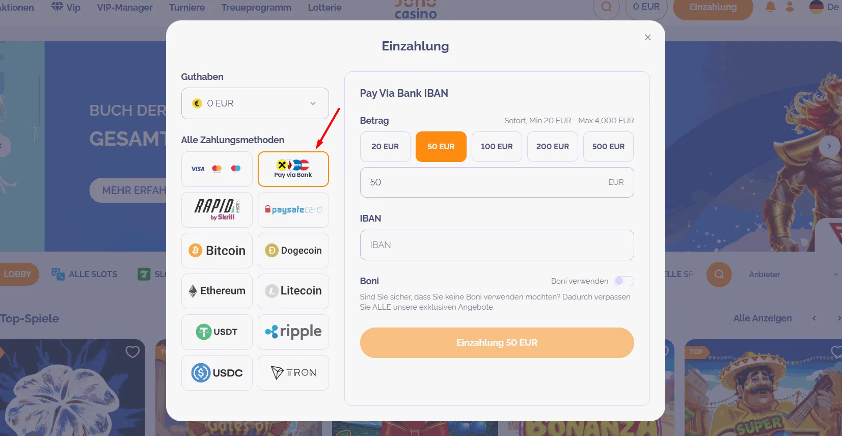 Boho Casino mit Banküberweisung
