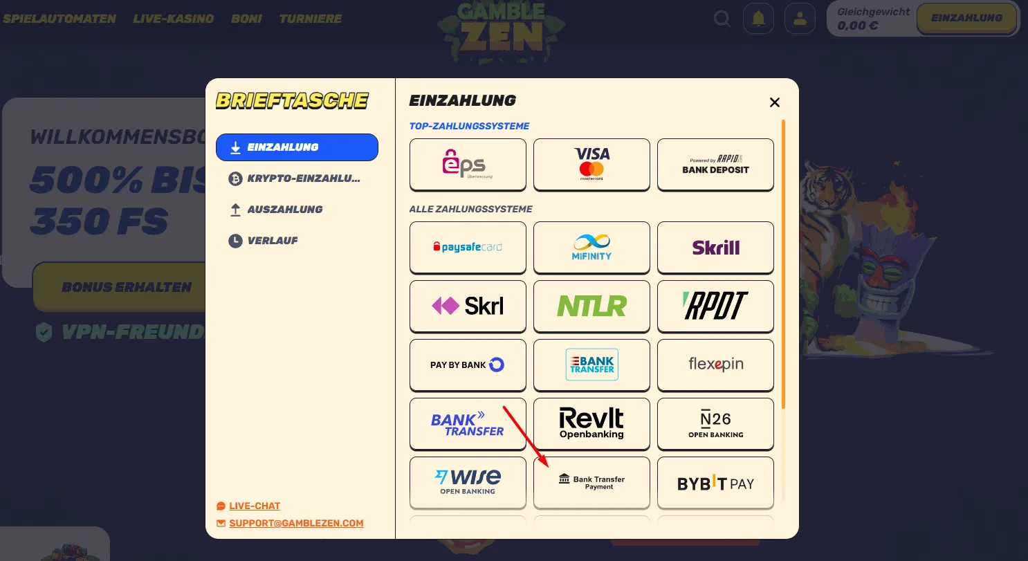 Gamblezen Casino mit Banküberweisung