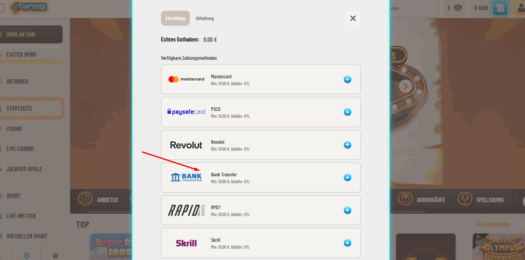 Wyns Casino mit Banküberweisung