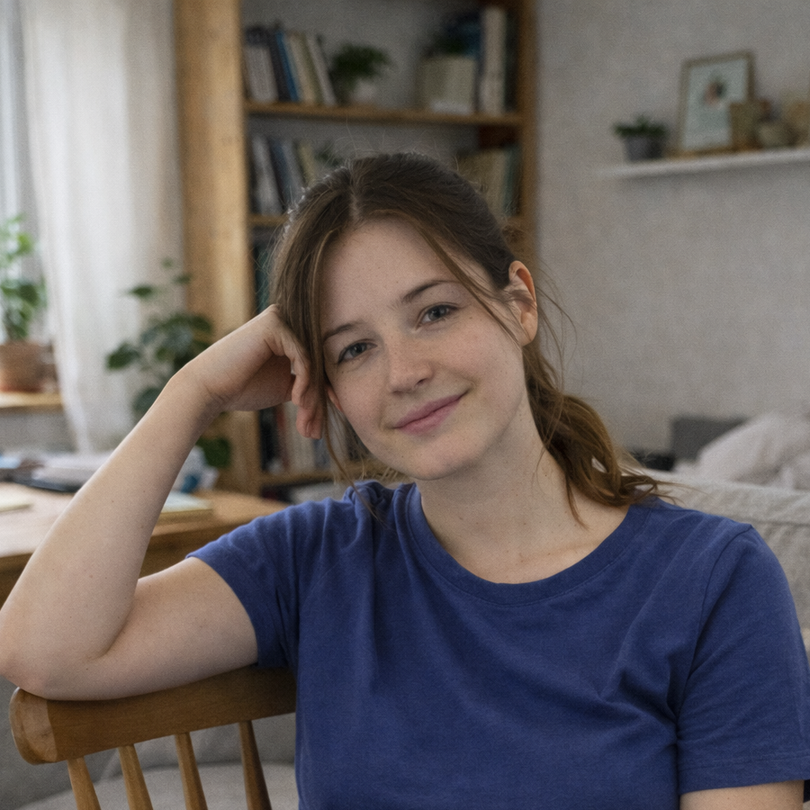 Eszter Nagy széken ül otthoni környezetben