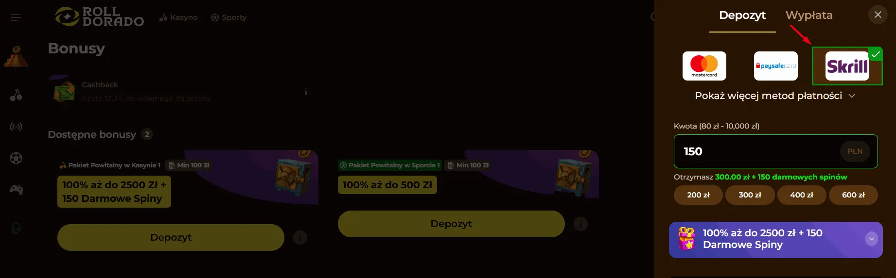 Rolldorado kasyno z Skrill