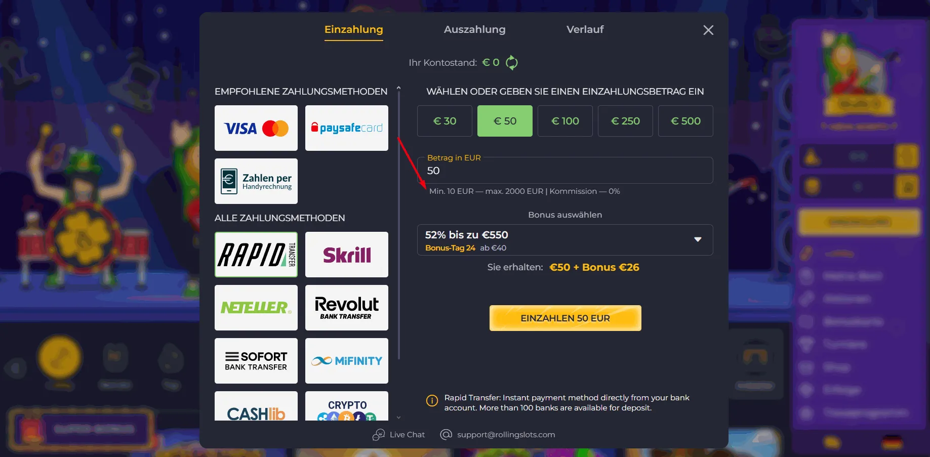 Rolling Slots Casino mit 10 Euro Einzahlung