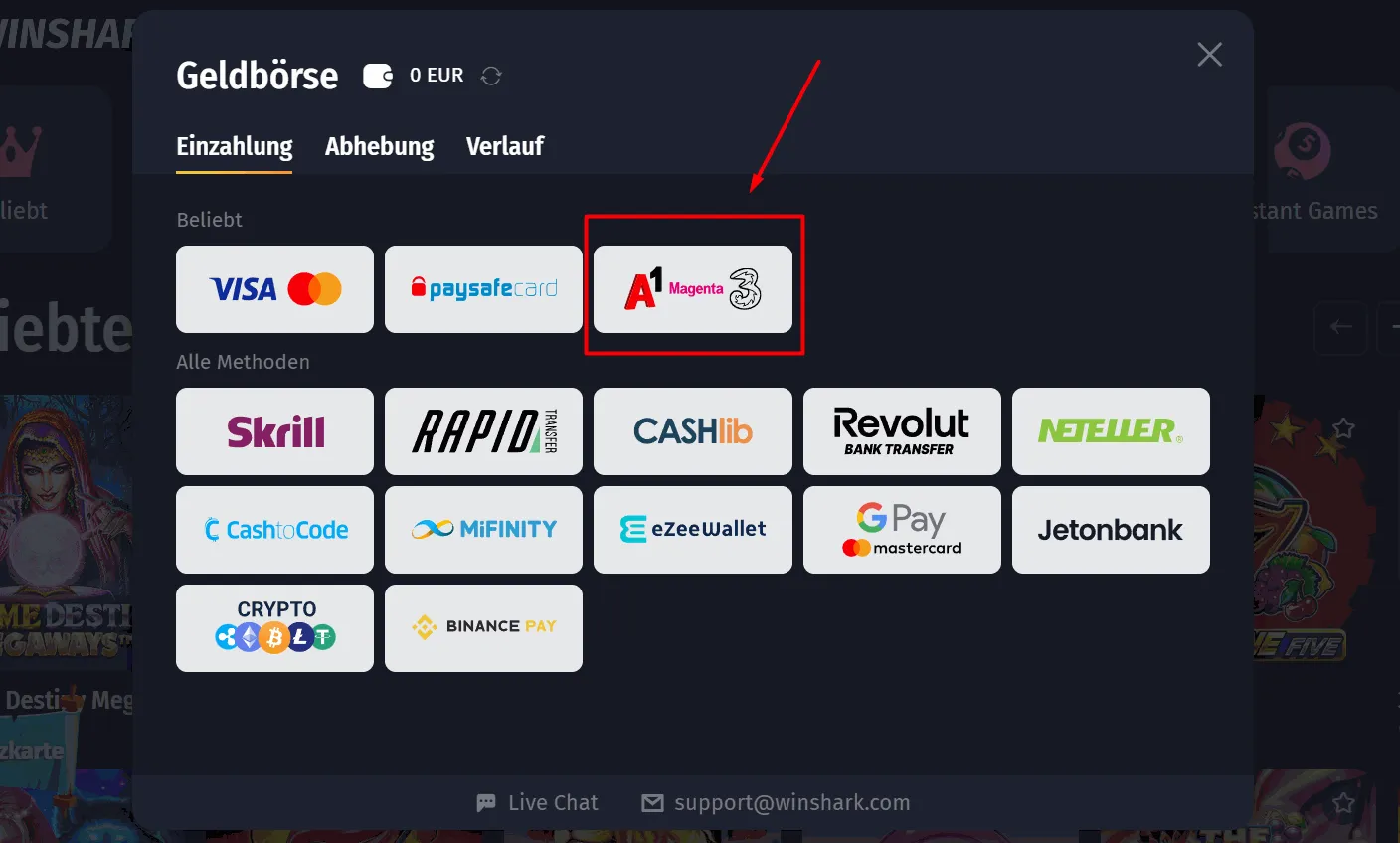 Winshark Casino SMS Einzahlung