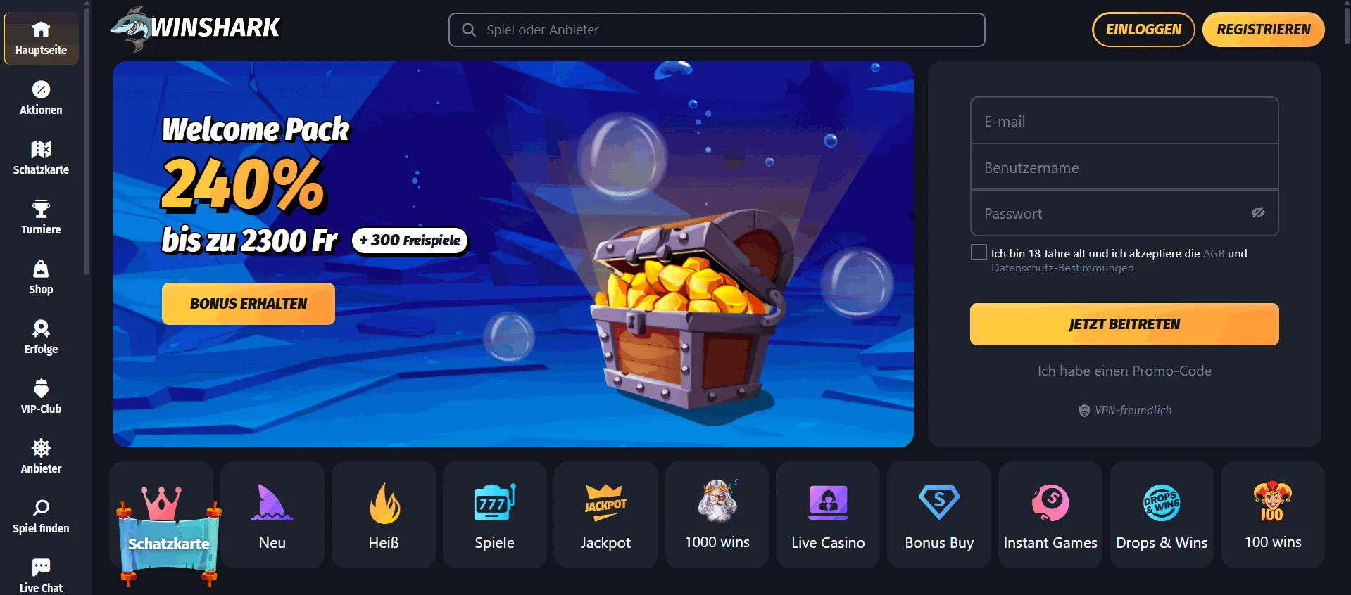 Winshark neue Online Casino Schweiz