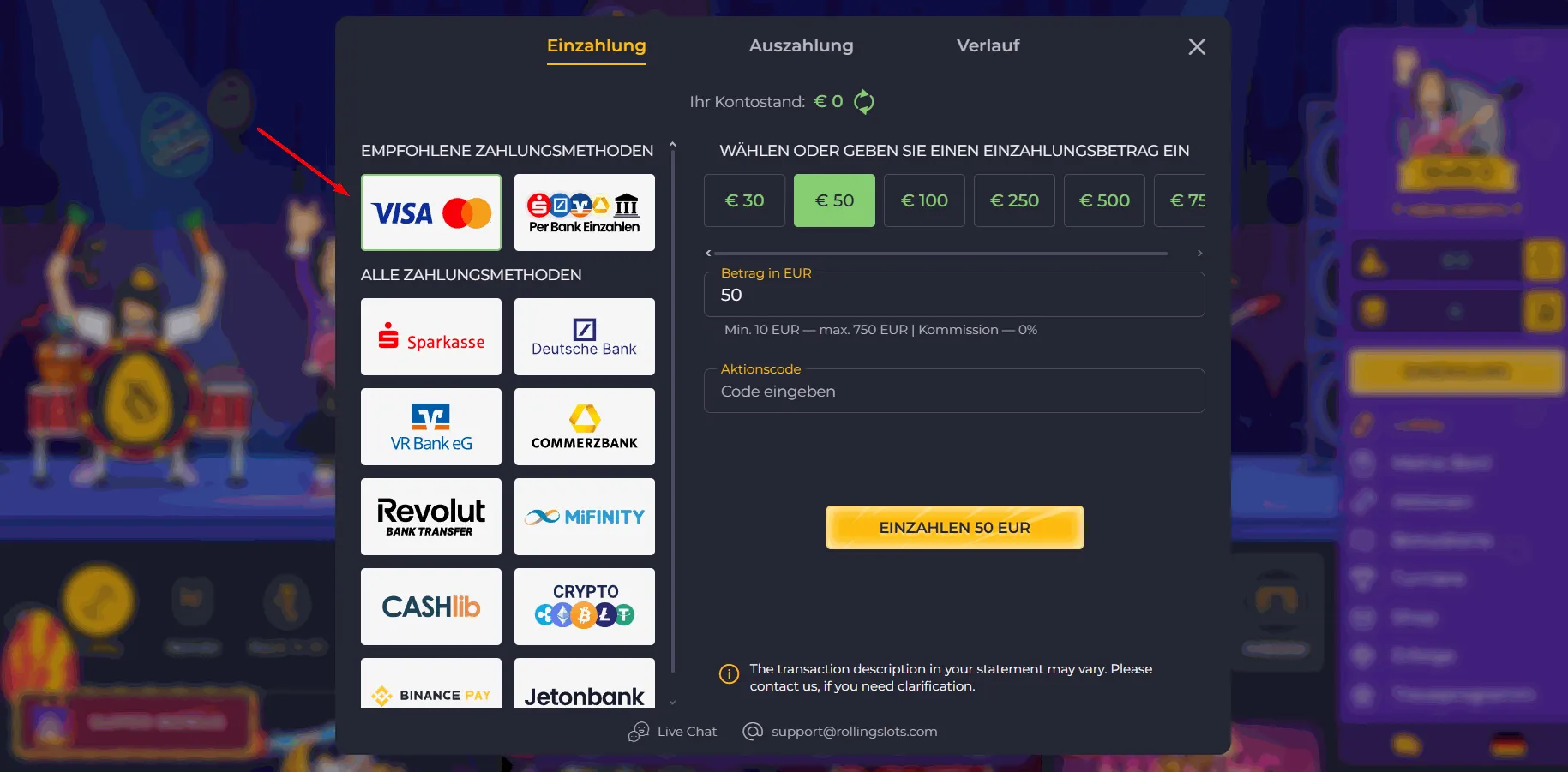 Rolling Slots Casino mit Mastercard