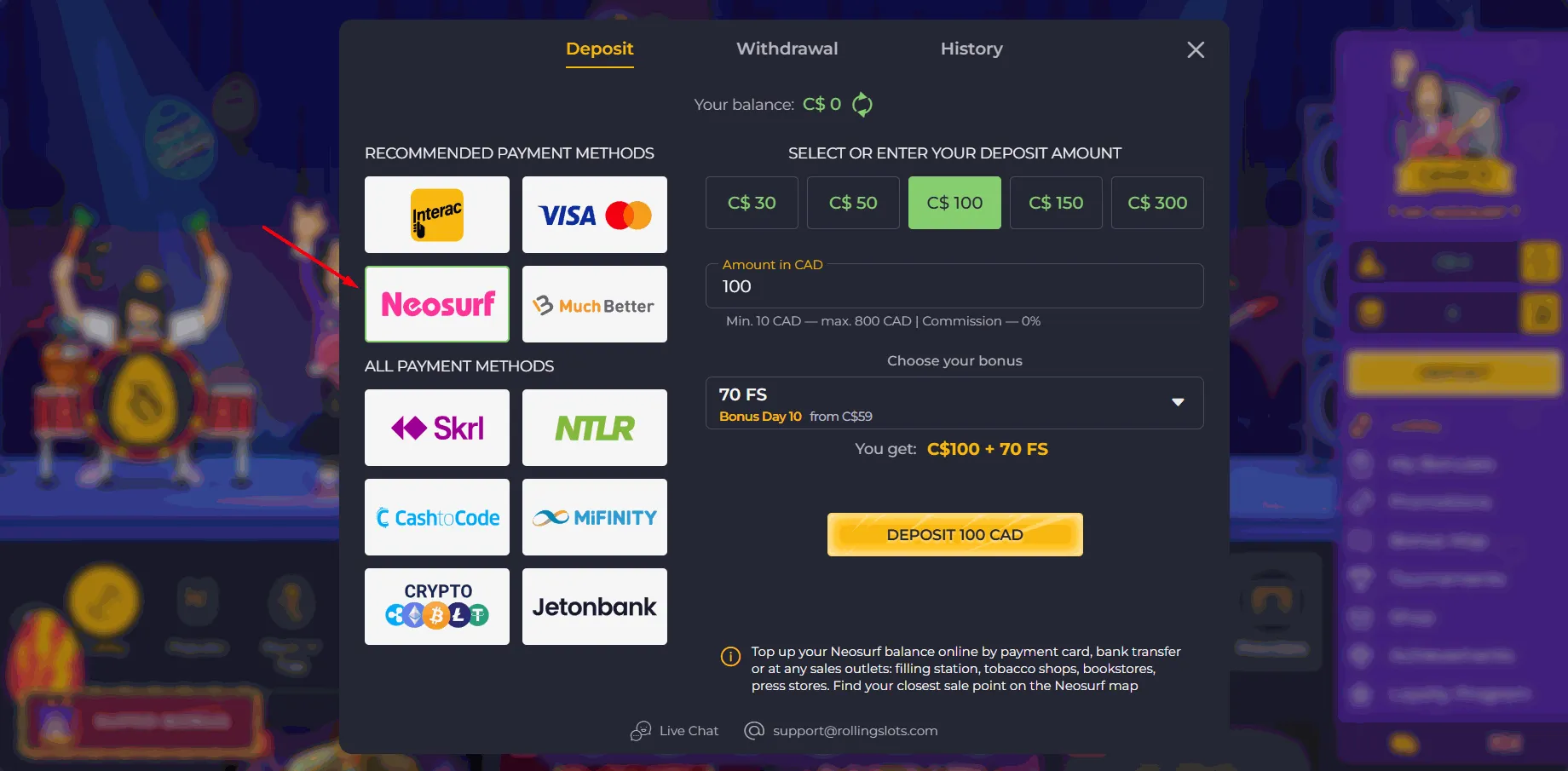 Rolling Slots Casino with Neosurf