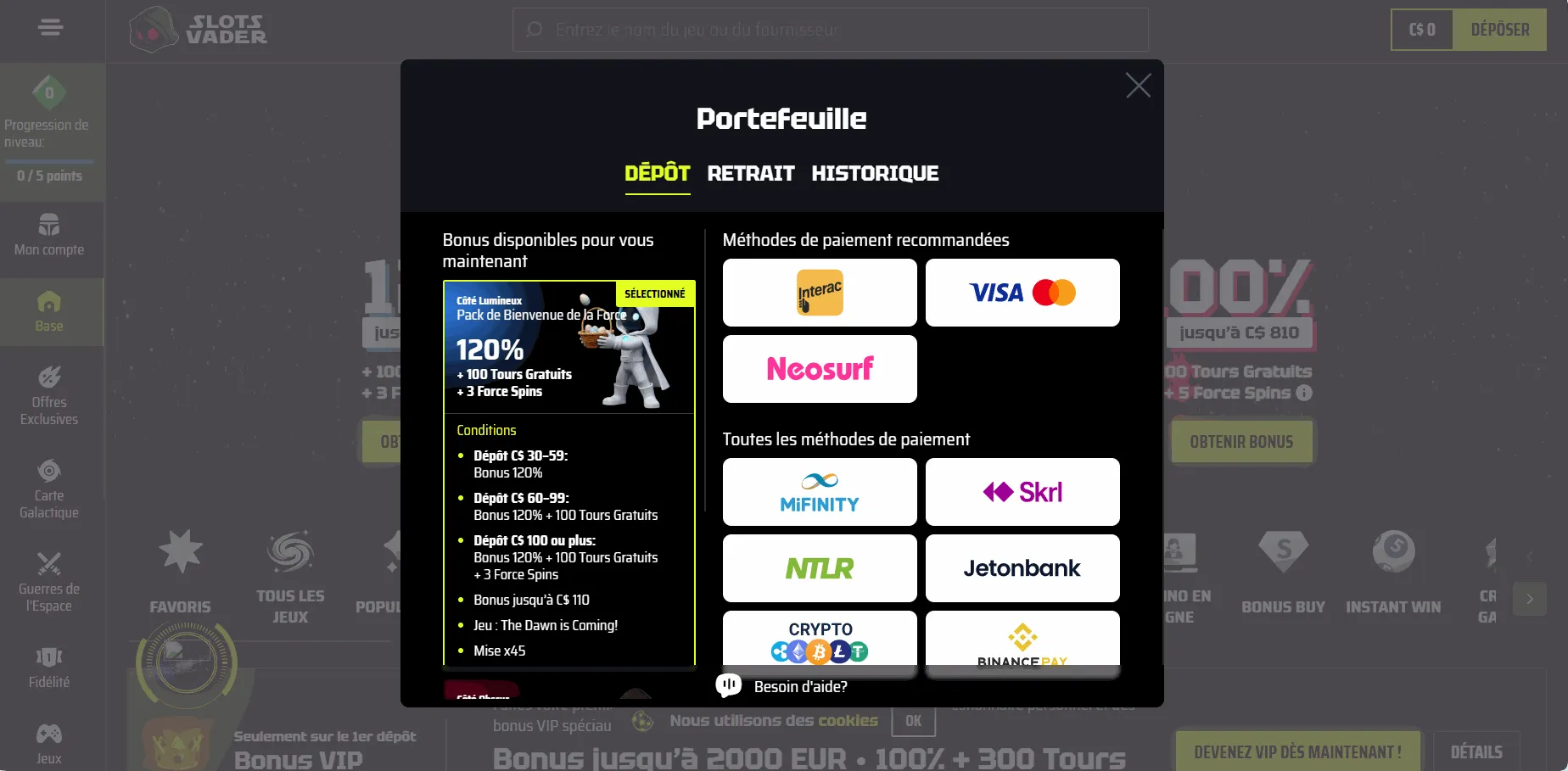SlotsVader Casino paiement par téléphone